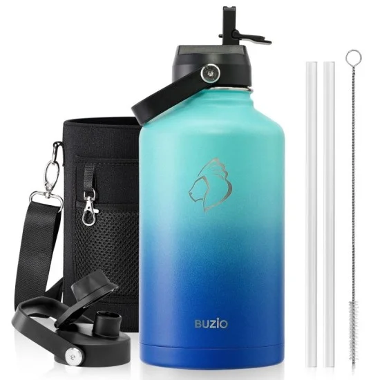 Buzio Duet Series Water Bottle with 2 Lids and Sleeve 1.9L - Caribbean Blue